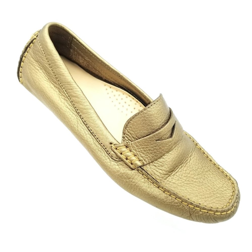 COLE HAAN Driving Moccasins Loafers Gold Pebbled Leather Flats Women's size 5.5